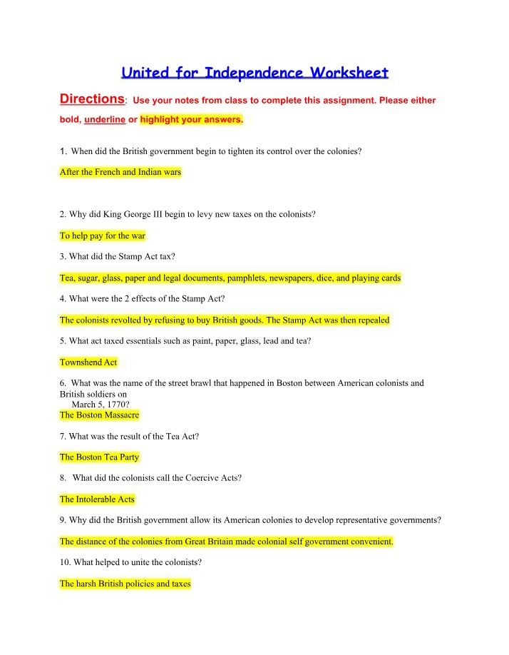 Worksheet - United for Independence