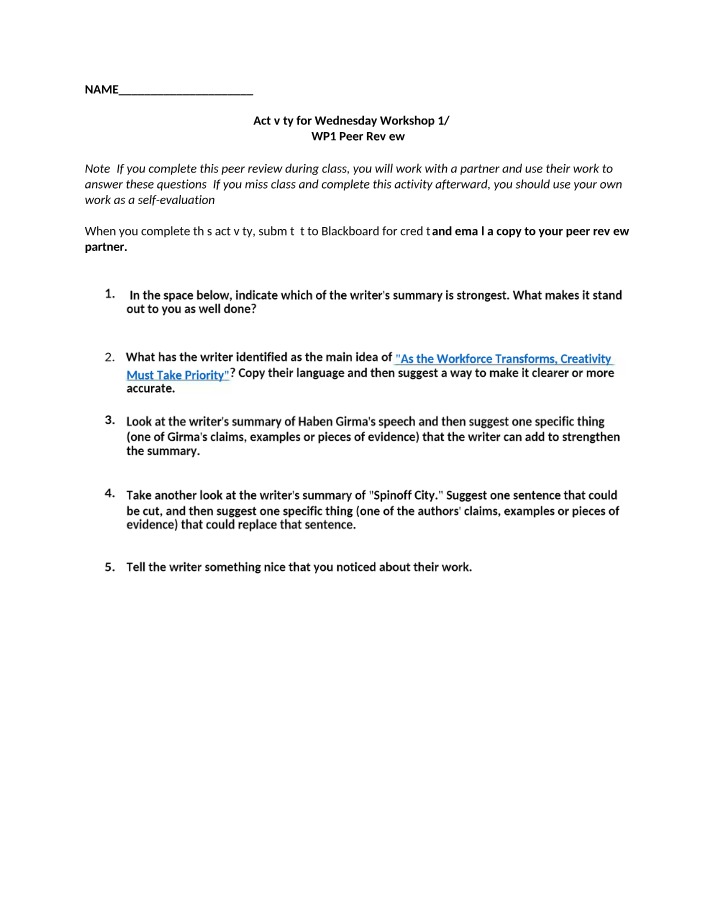 WP1 Peer Review Activity - Wednesday Workshop 1-27