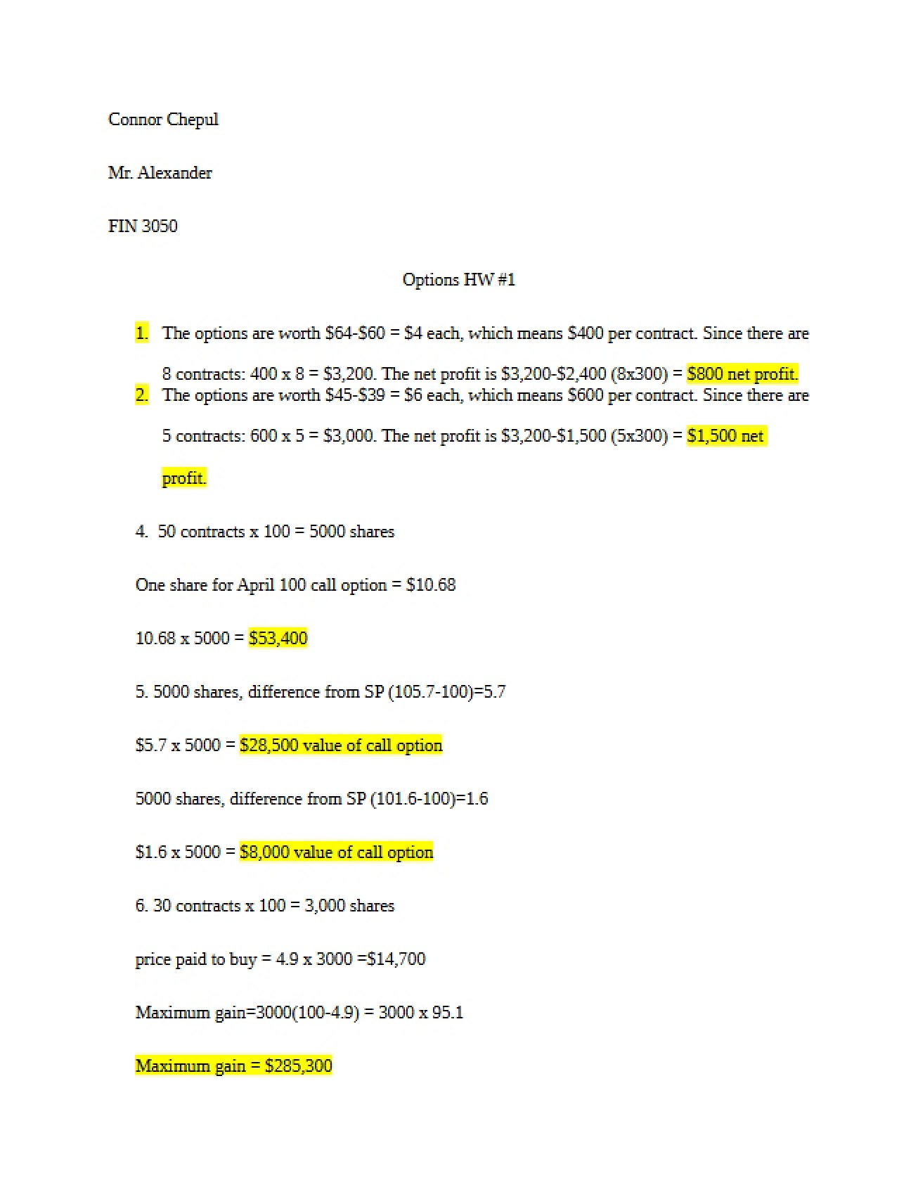 First Homework on Options