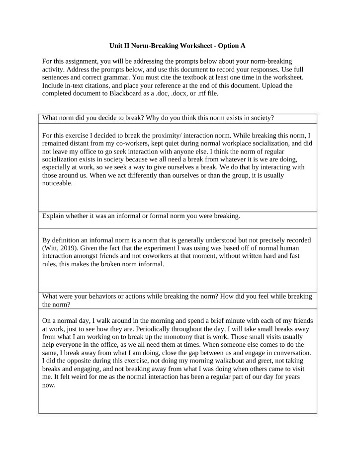SOC1301 Unit II Norm Breaking Worksheet Option A Final