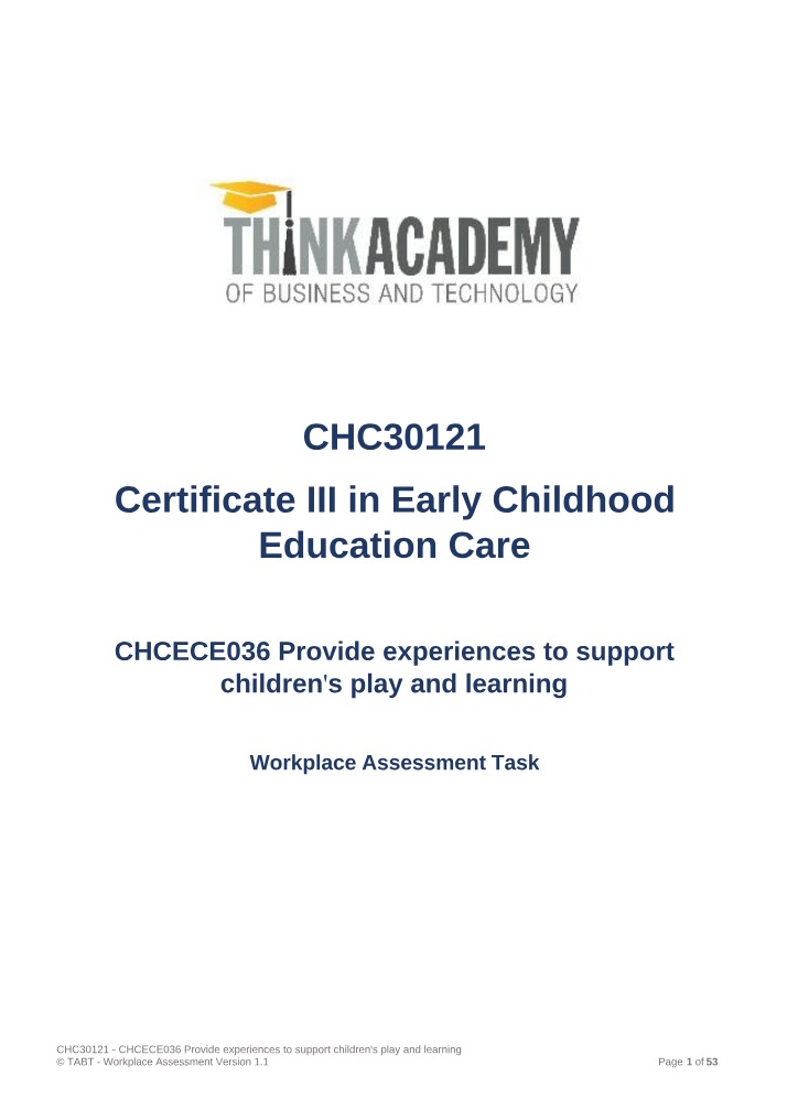 Assessment Task - Supporting Children's Play and Learning