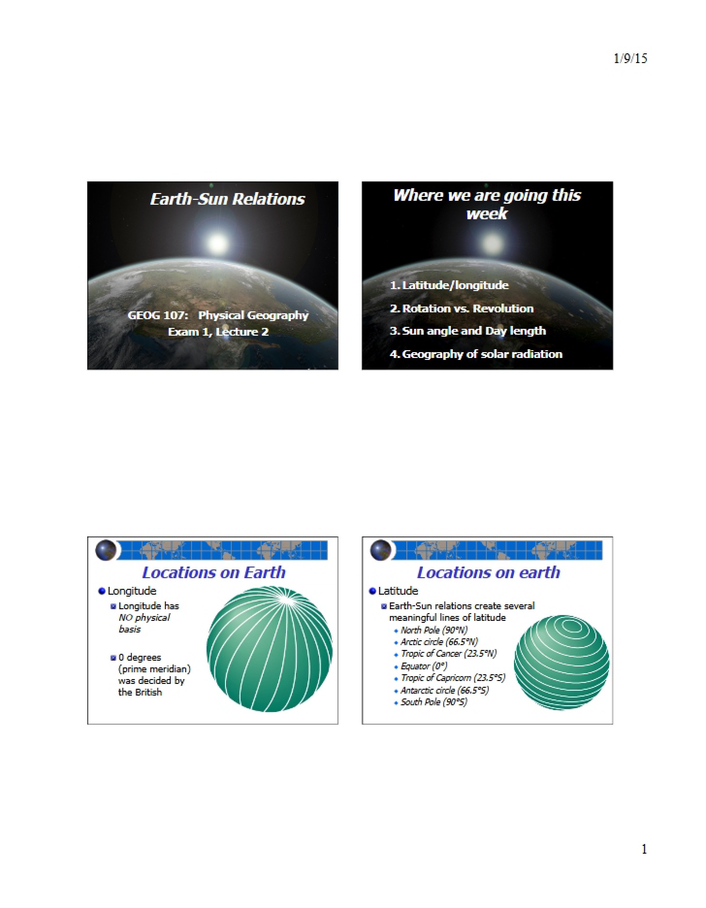 Earth Sun Lecture 2 for Exam 1