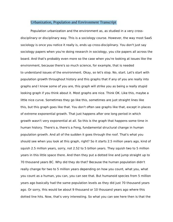 Transcript - Urbanization, Population, and Environment