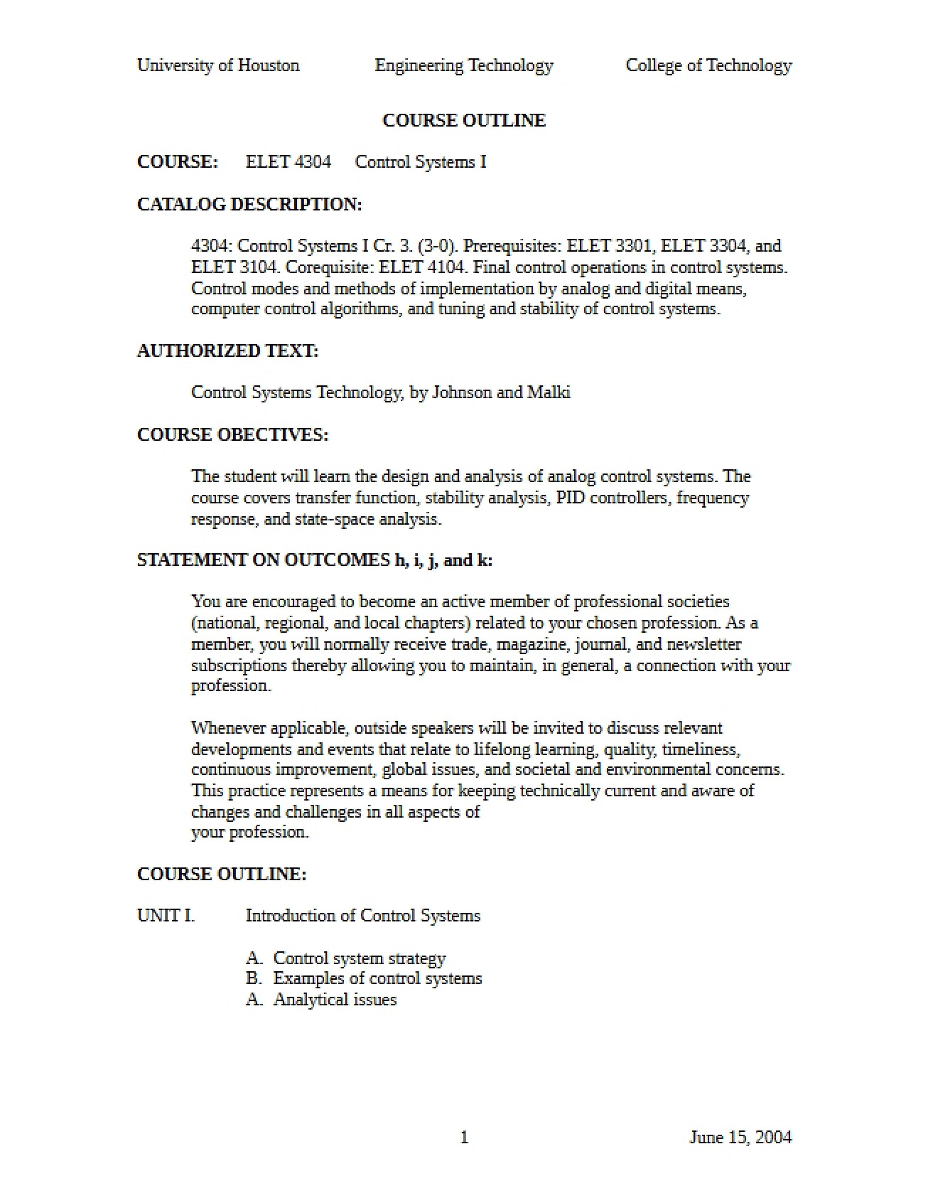 Control Systems Syllabus