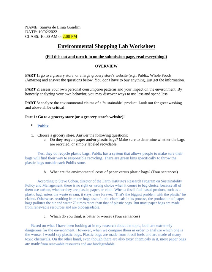Worksheet for Environmental Shopping Lab