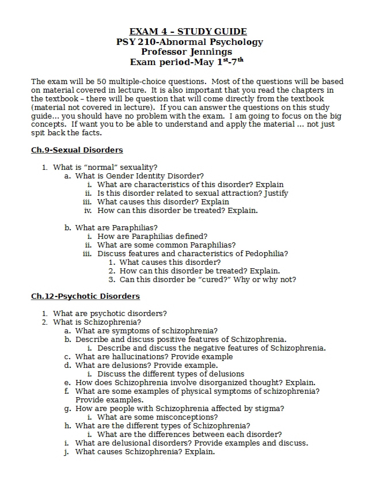Exam 4 Study Guide (Abnormal Psych)