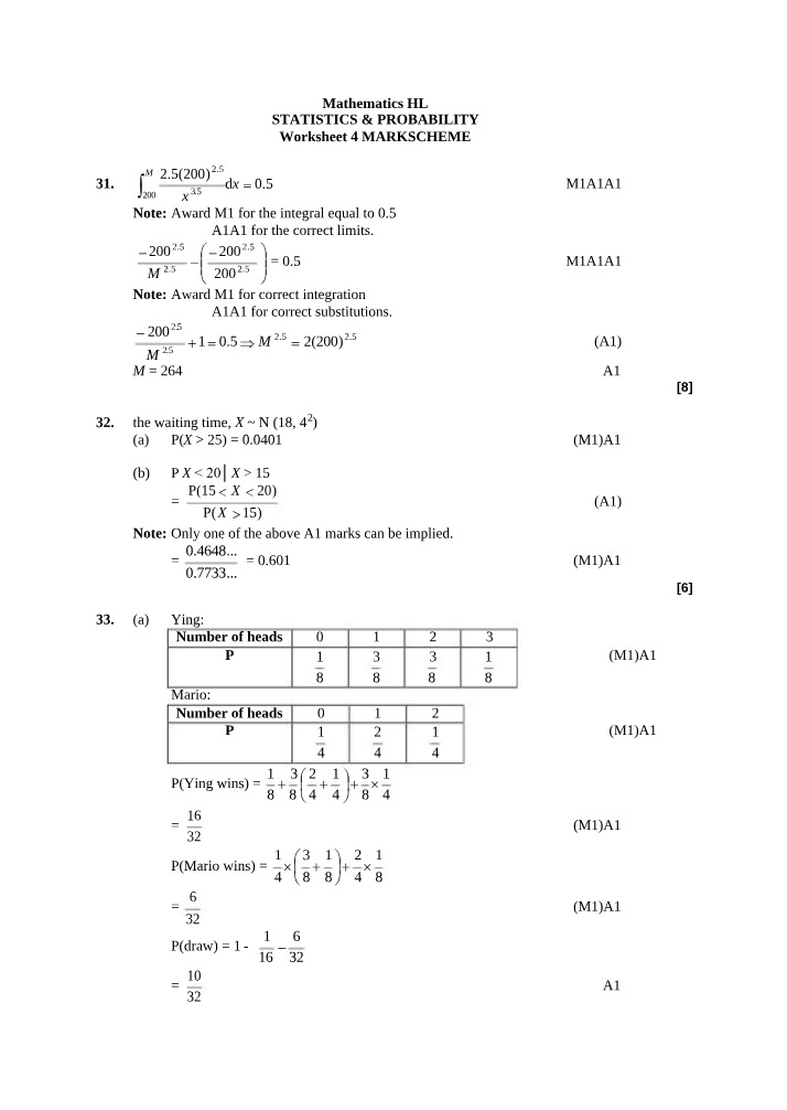 Worksheet 4 Markscheme - Statistics & Probability