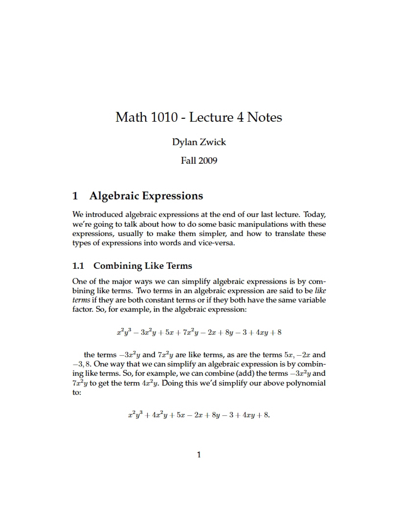 Notes for Math 1010 Lectures