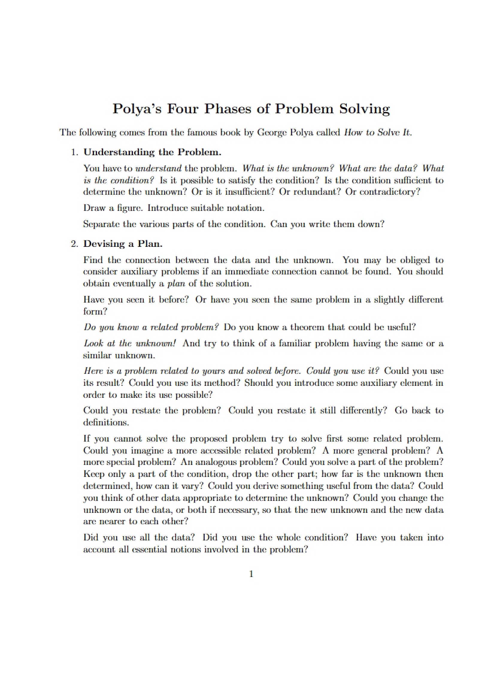 Problem Solving Polya's Four Phases