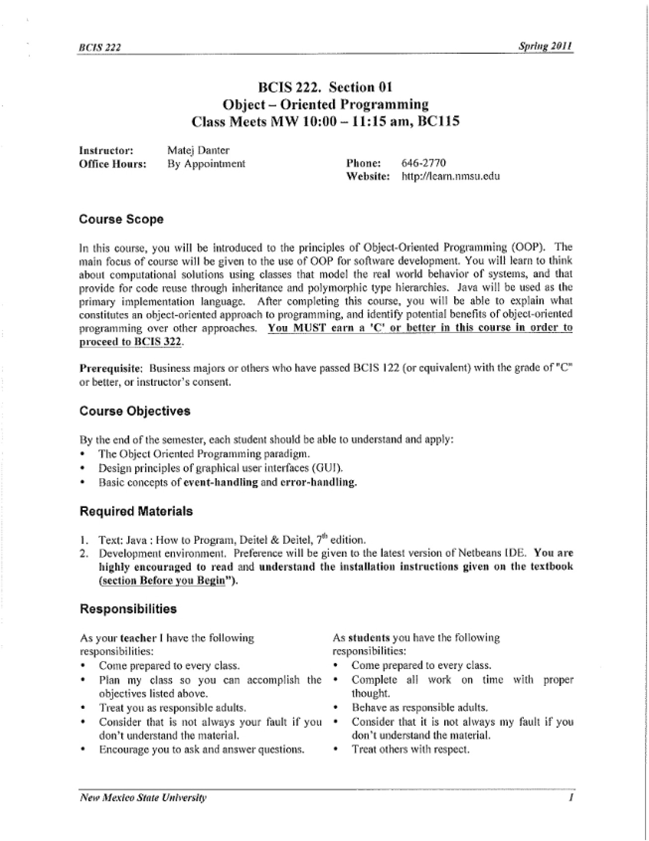 Object-Oriented Programming Syllabus from Spring 2011 by Matej Danter