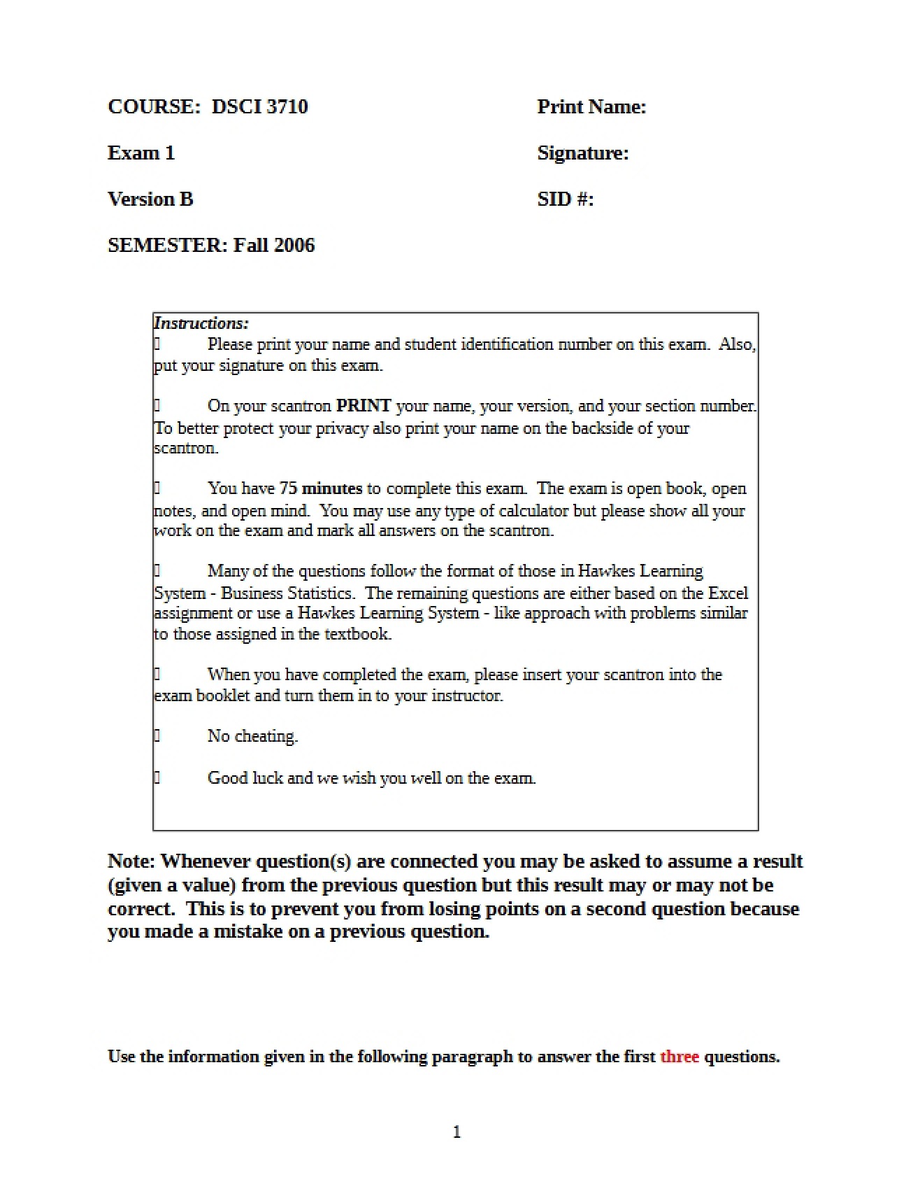 Fall 2006 Exam 1 Version B