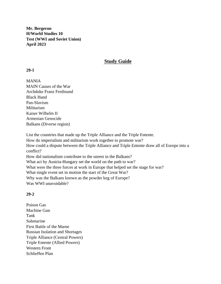 WWI and Soviet Union Study Guide
