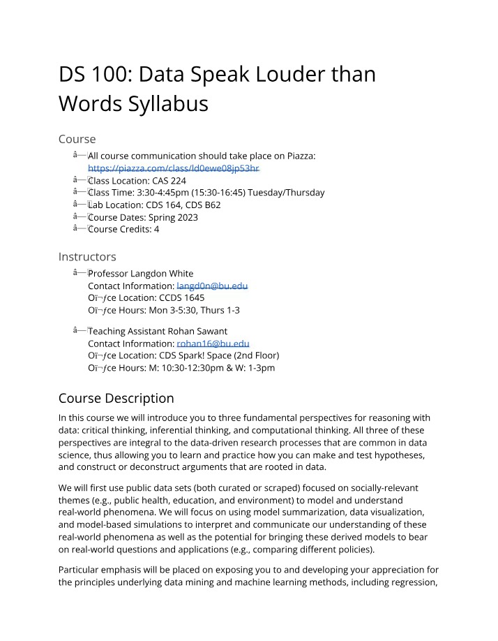 Syllabus for DS 100 Data Analysis and Reasoning