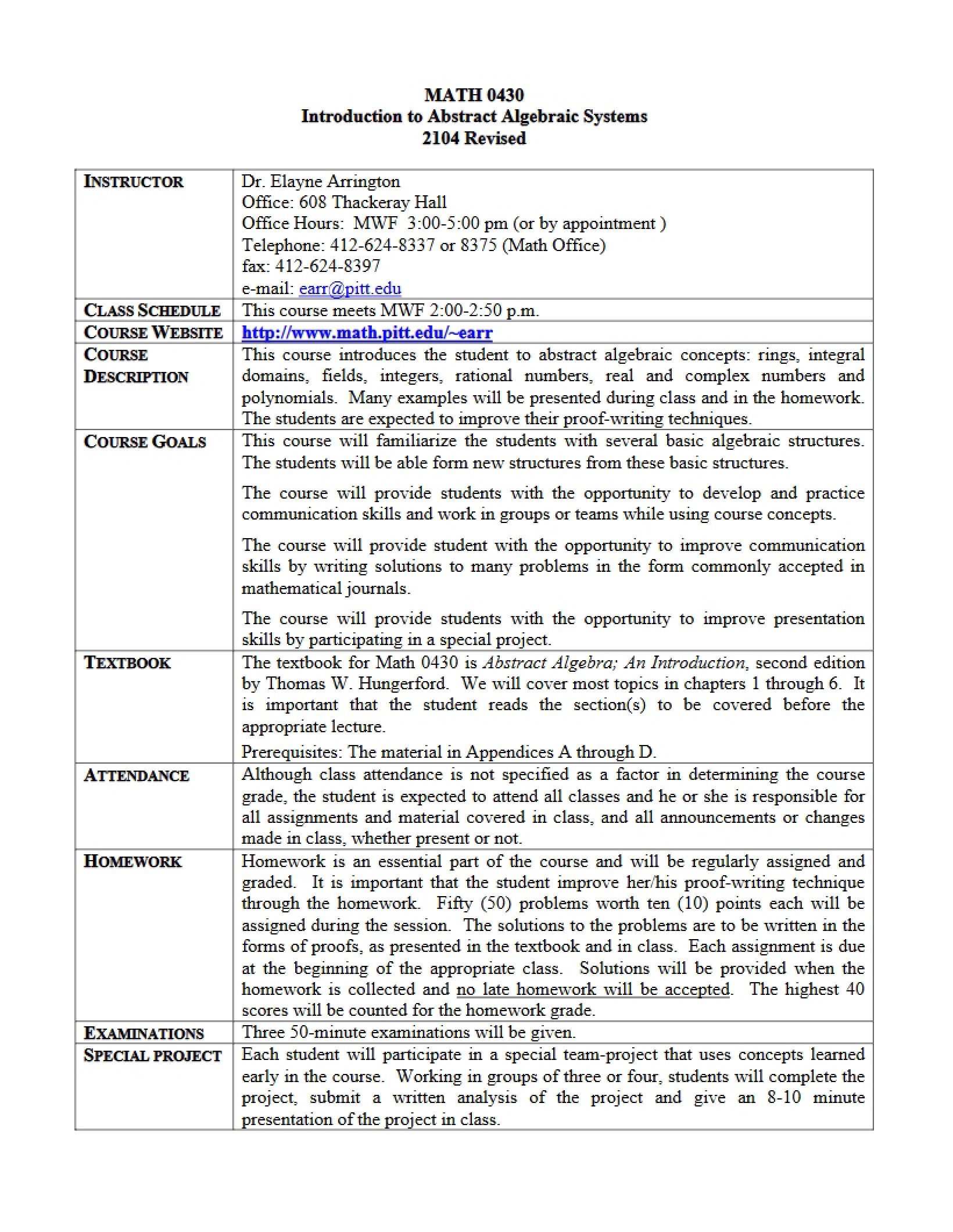 Syllabus for Abstract Algebraic Systems