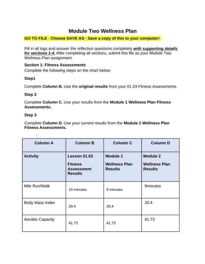 Module Two Wellness Plan - Flexibility and Fitness Assessments