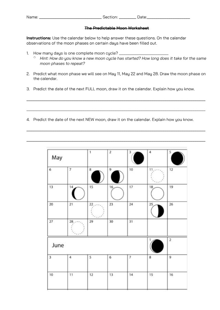 Worksheet on the Predictable Moon