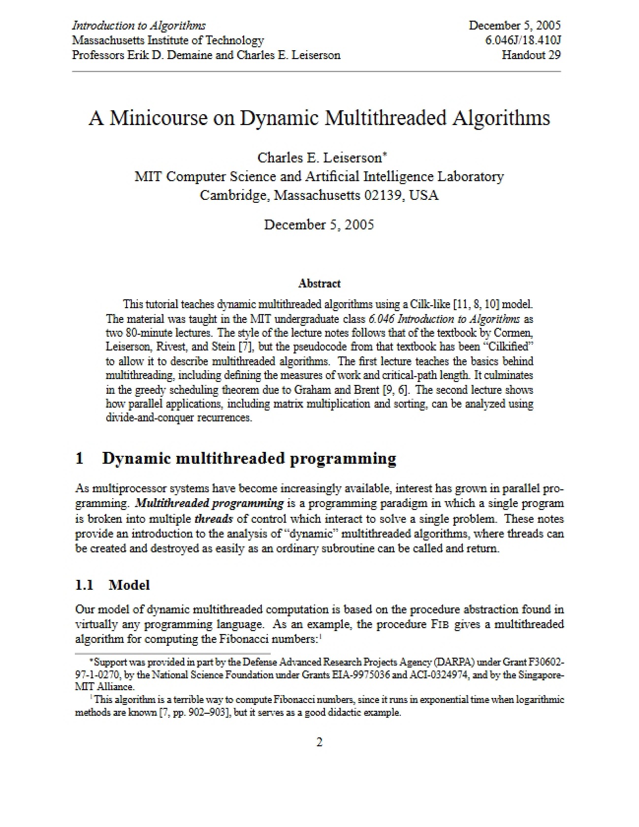 Dynamic Multithreaded Algorithms Minicourse