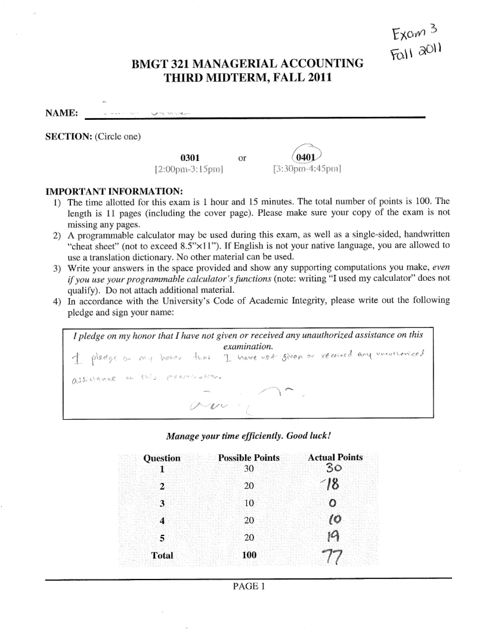 Managerial Accounting Exam 3