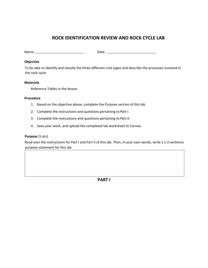 Rock Cycle Lab and Rock Identification Review