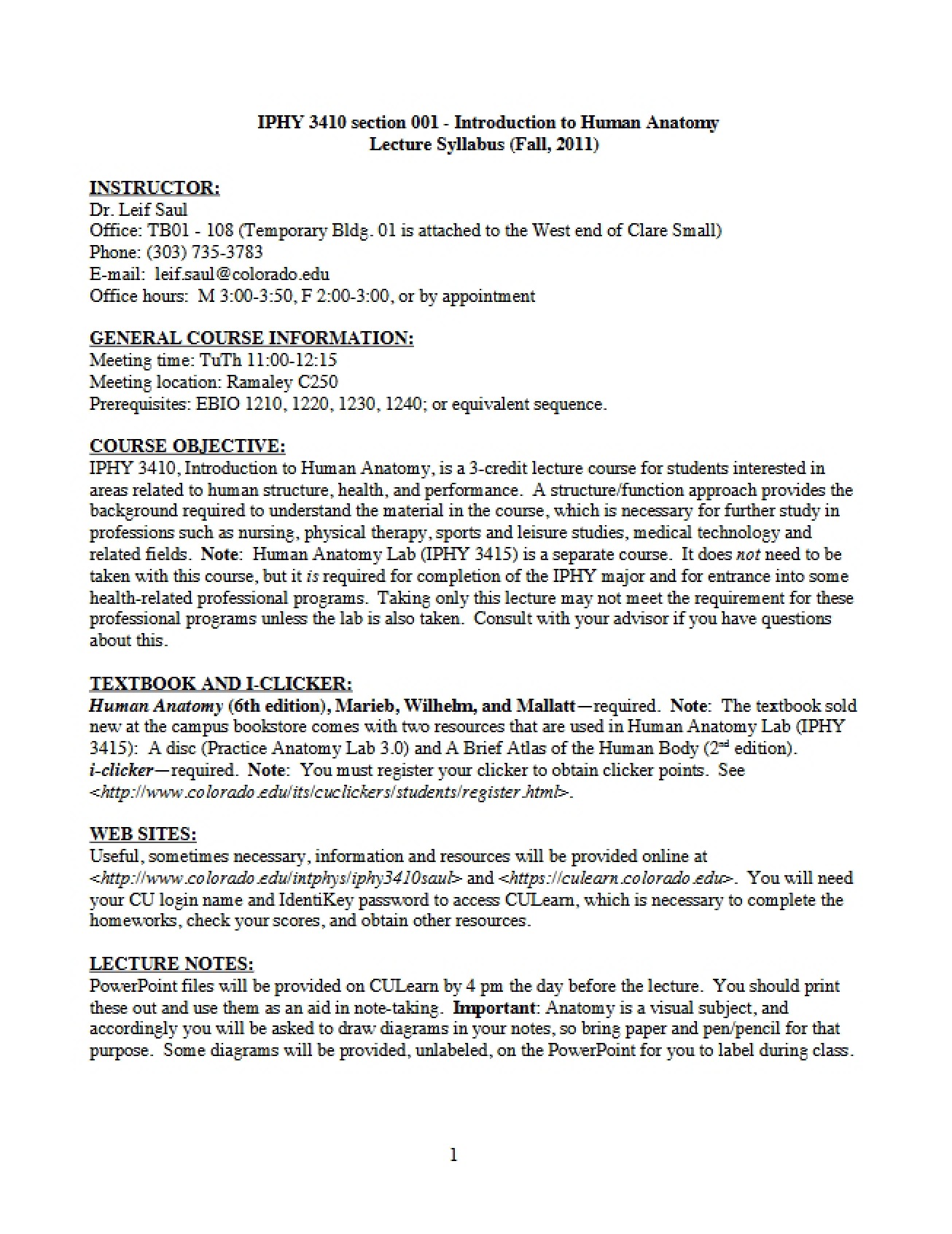 Syllabus for Introduction to Human Anatomy