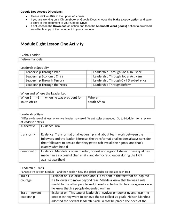 Activity for Module Eight, Lesson One
