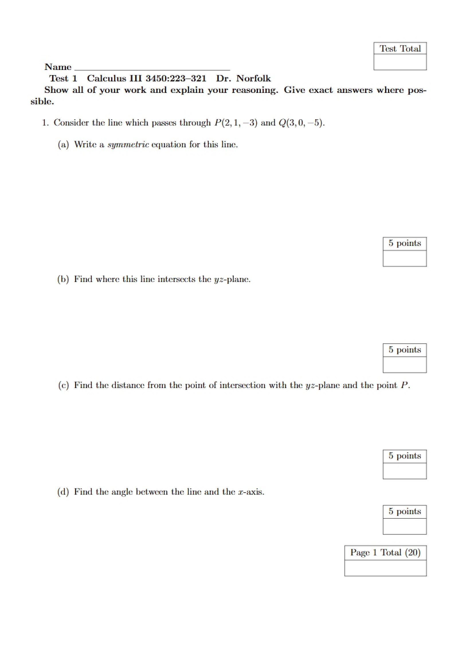 Calculus III Test One