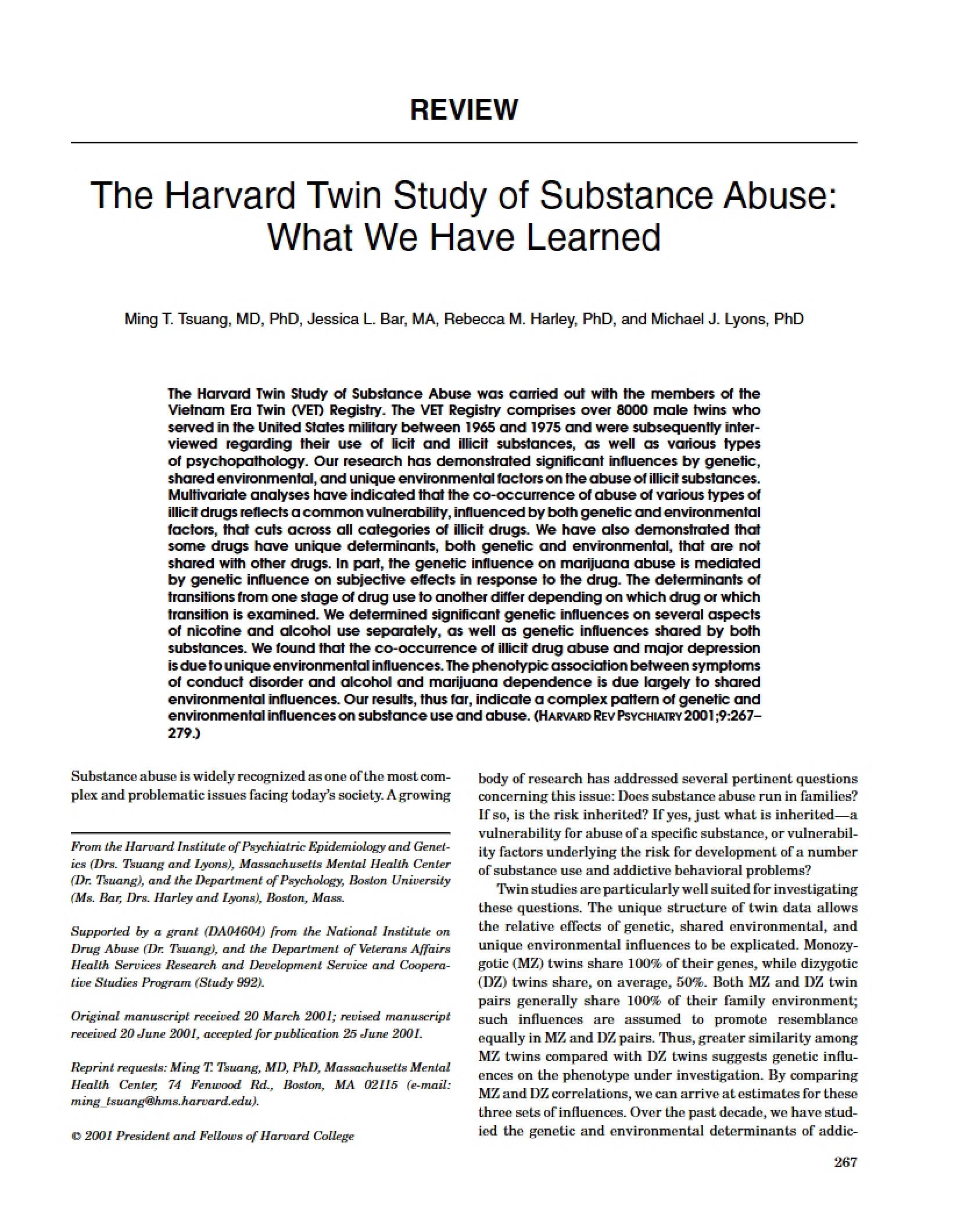 Lessons from the Harvard Twin Study of Substance Abuse