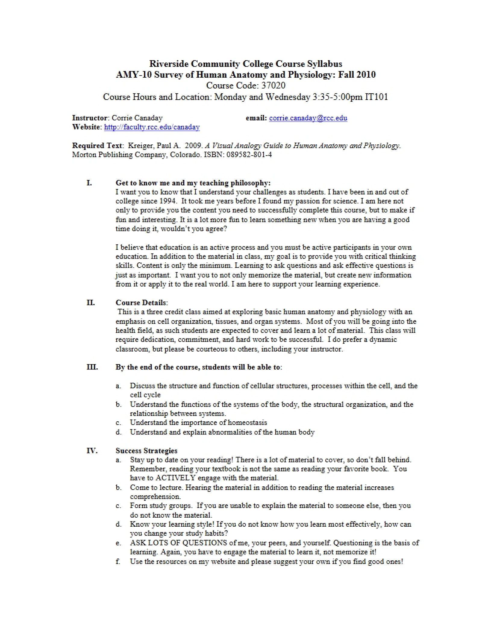 Human Anatomy Survey Syllabus