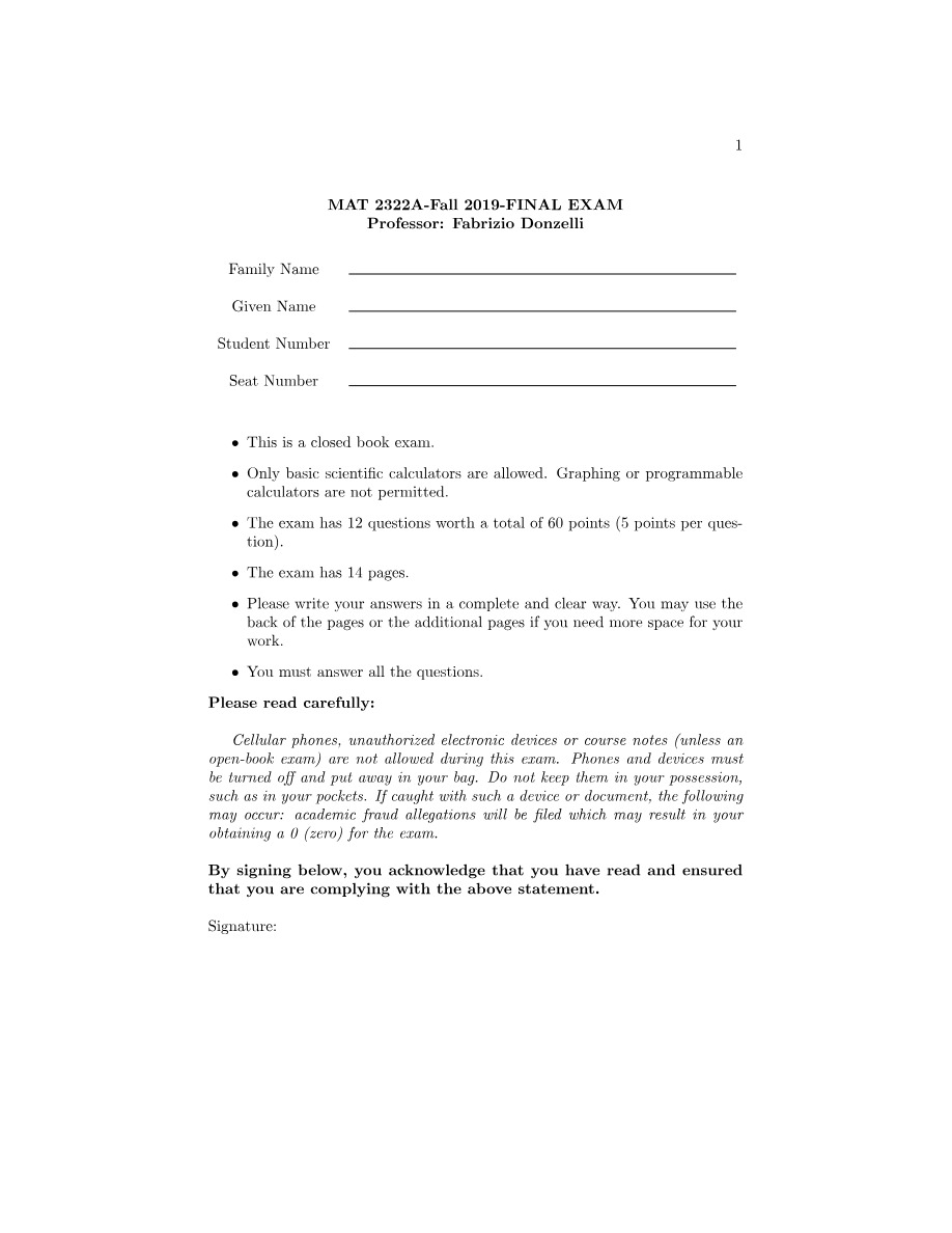 Fall 2019 Final Exam for MAT 2322A