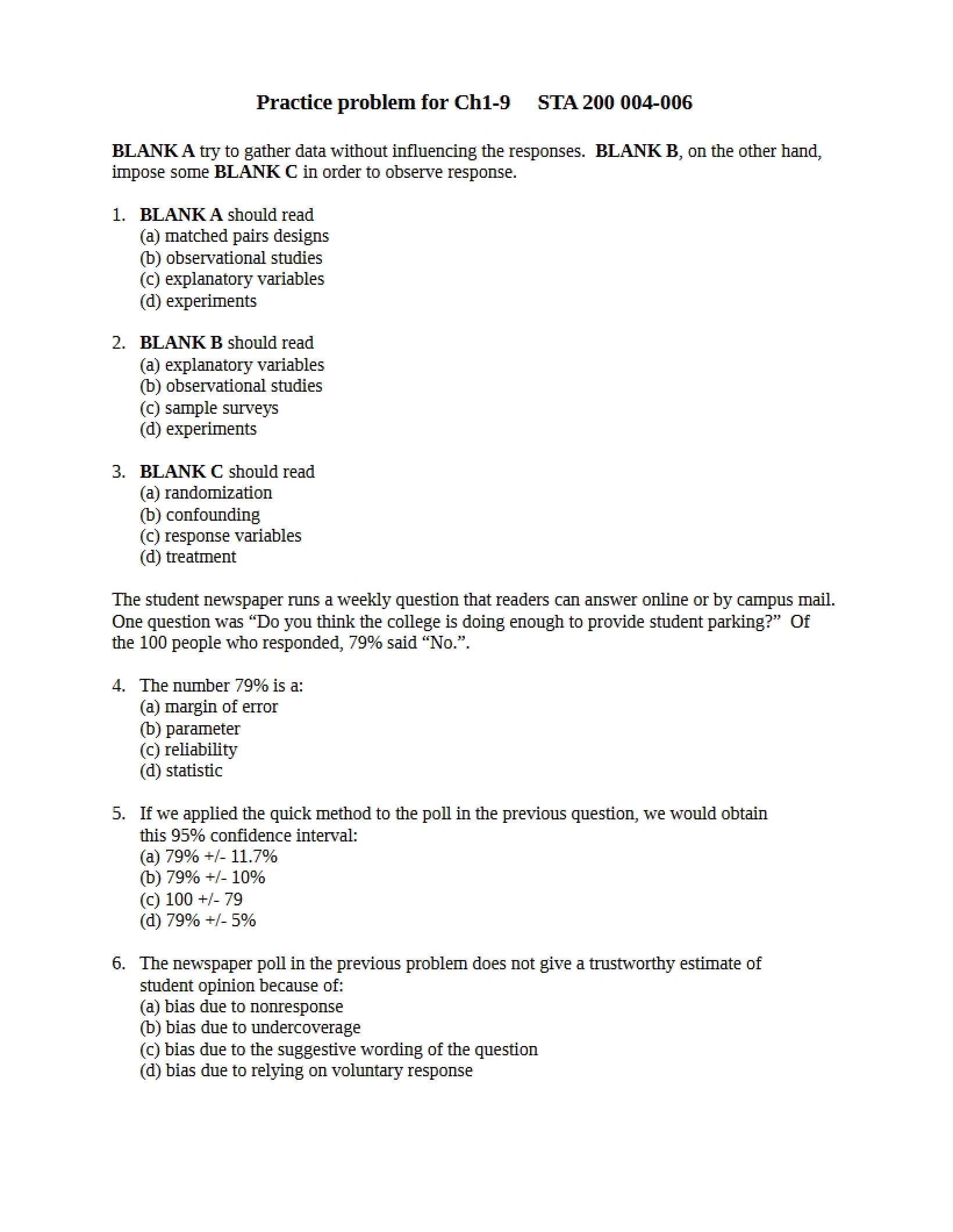 Practice Exam for Test One