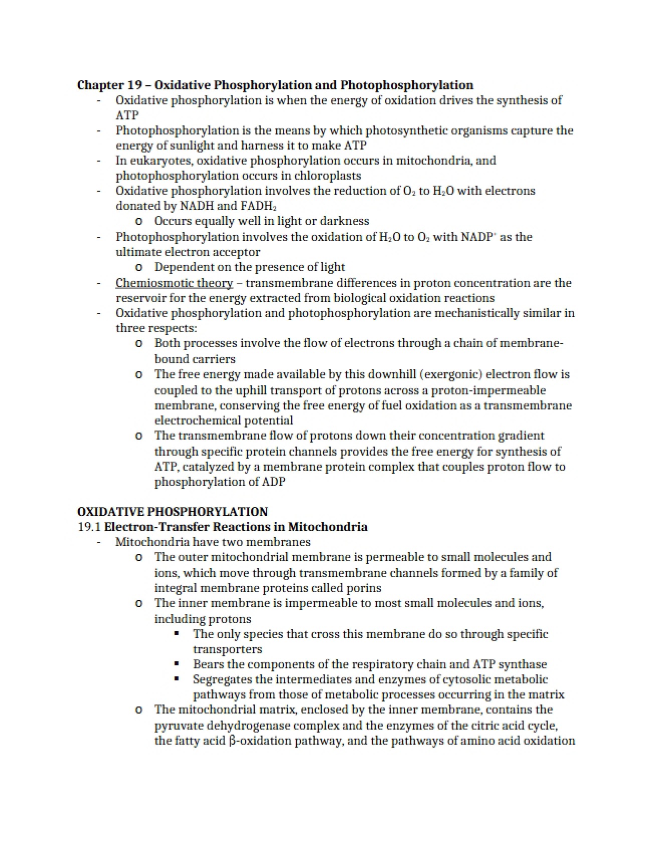 Oxidative Phosphorylation Chapter Nineteen