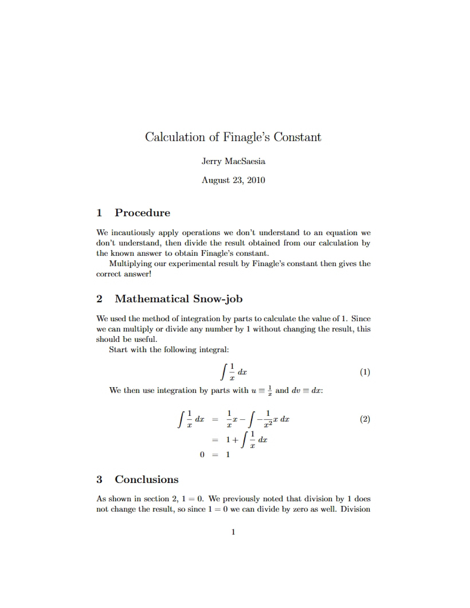 Finagle's Constant Calculation