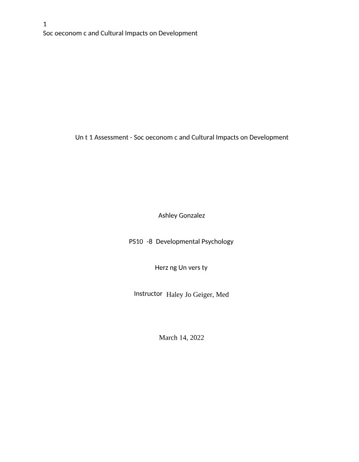 Socioeconomic and Cultural Impacts on Development - Unit 1 Assessment