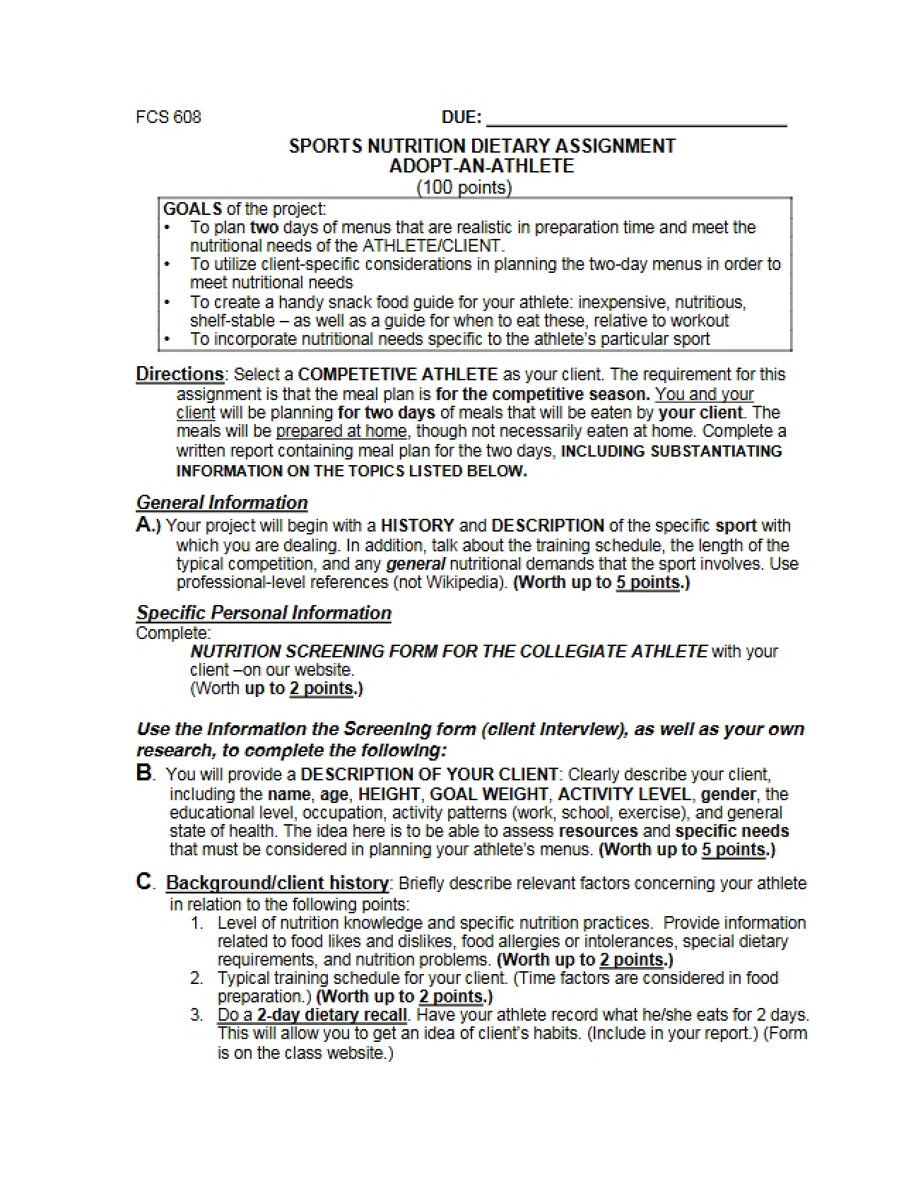 Dietary Assignment for Sports Nutrition