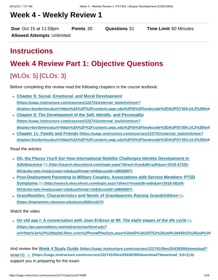 PSY304 Weekly Review for Chapters 8, 9, 11