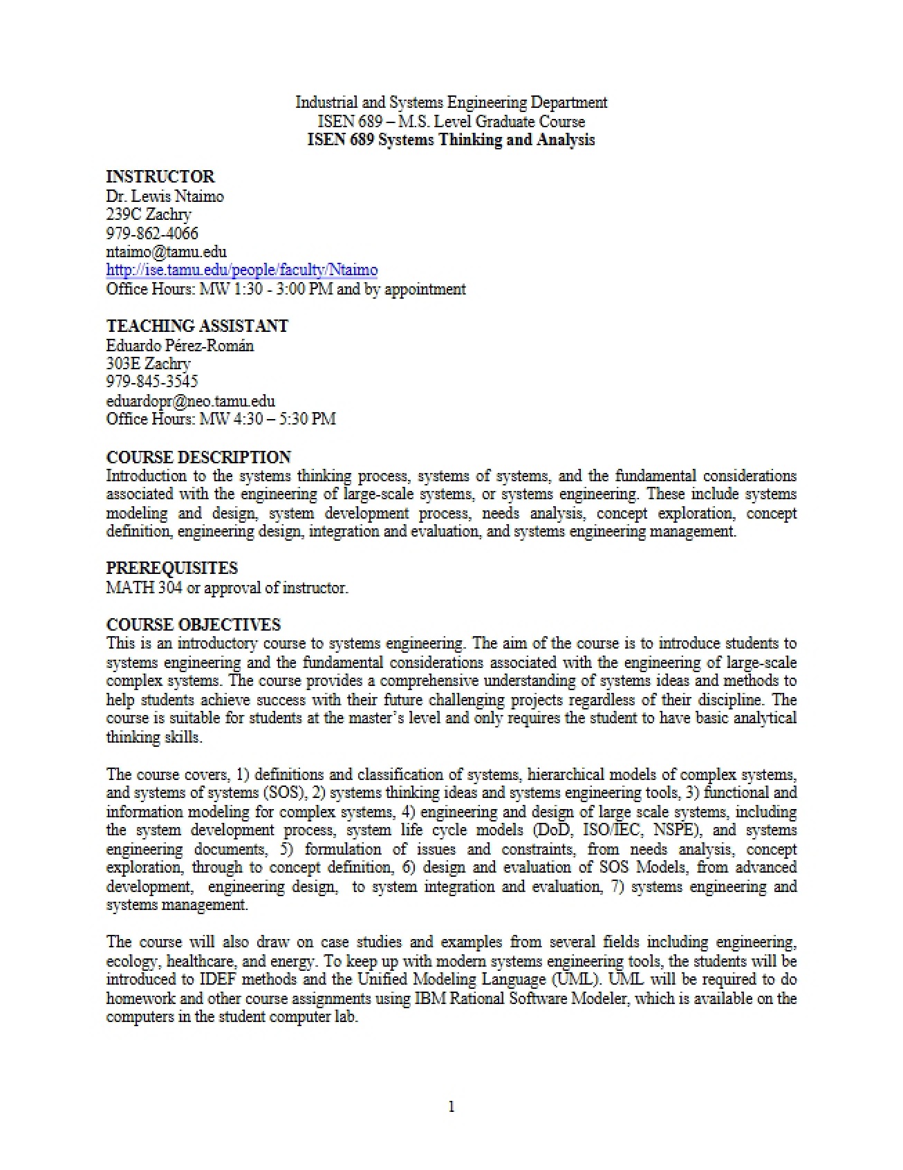 Syllabus for Systems Thinking Analysis - Spring 2009