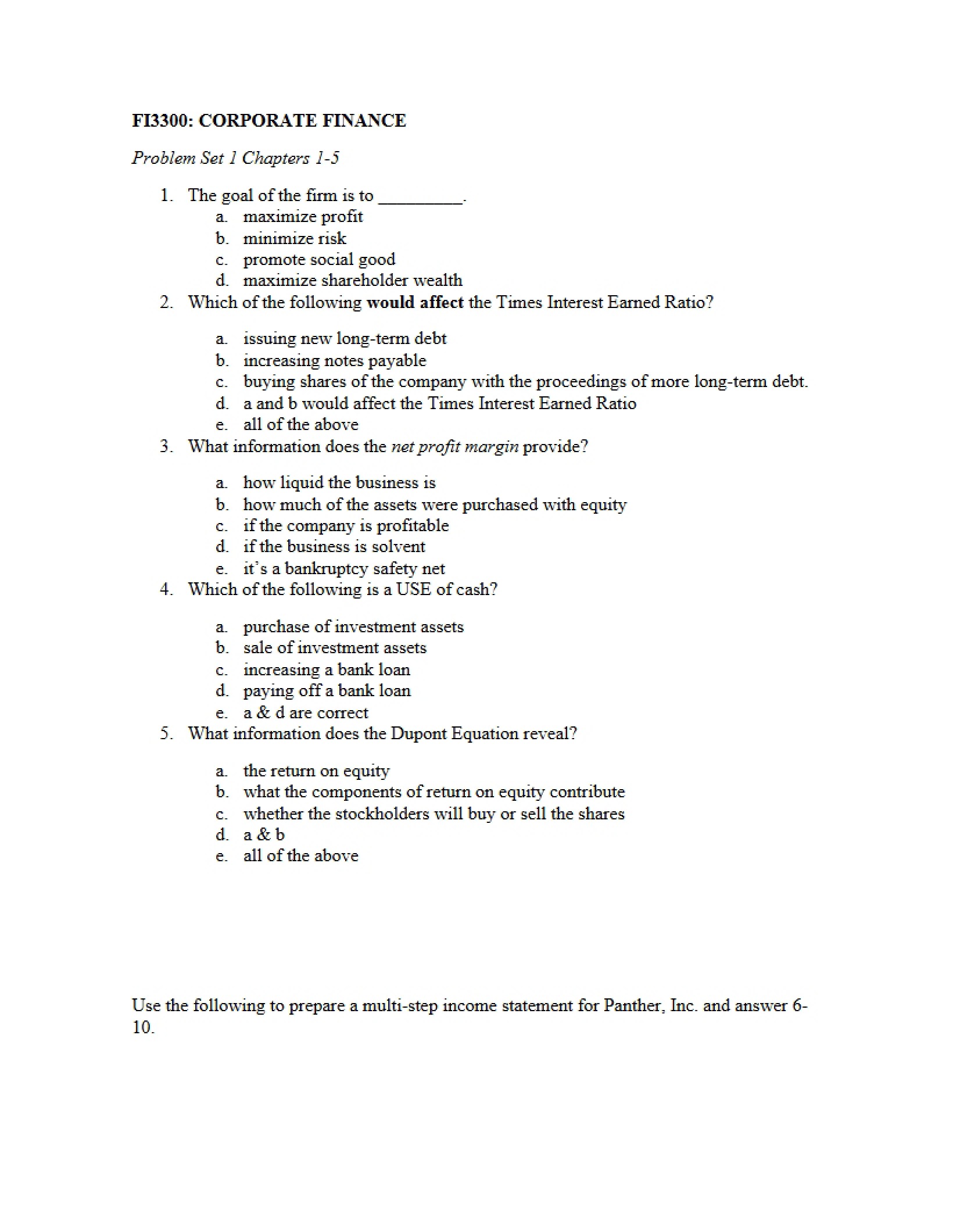 Problem Set One Chapters 1-5