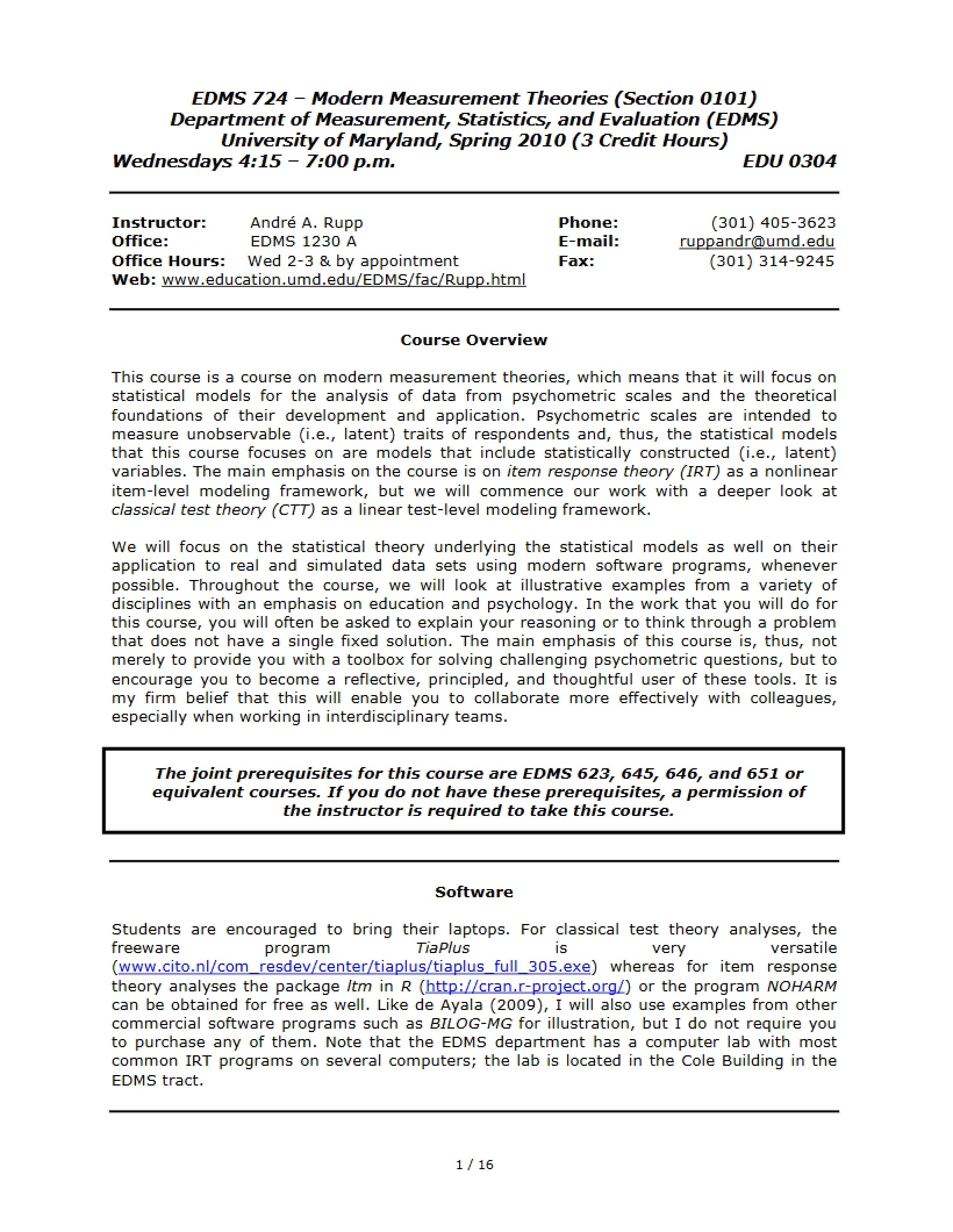 Measurement Theory Syllabus