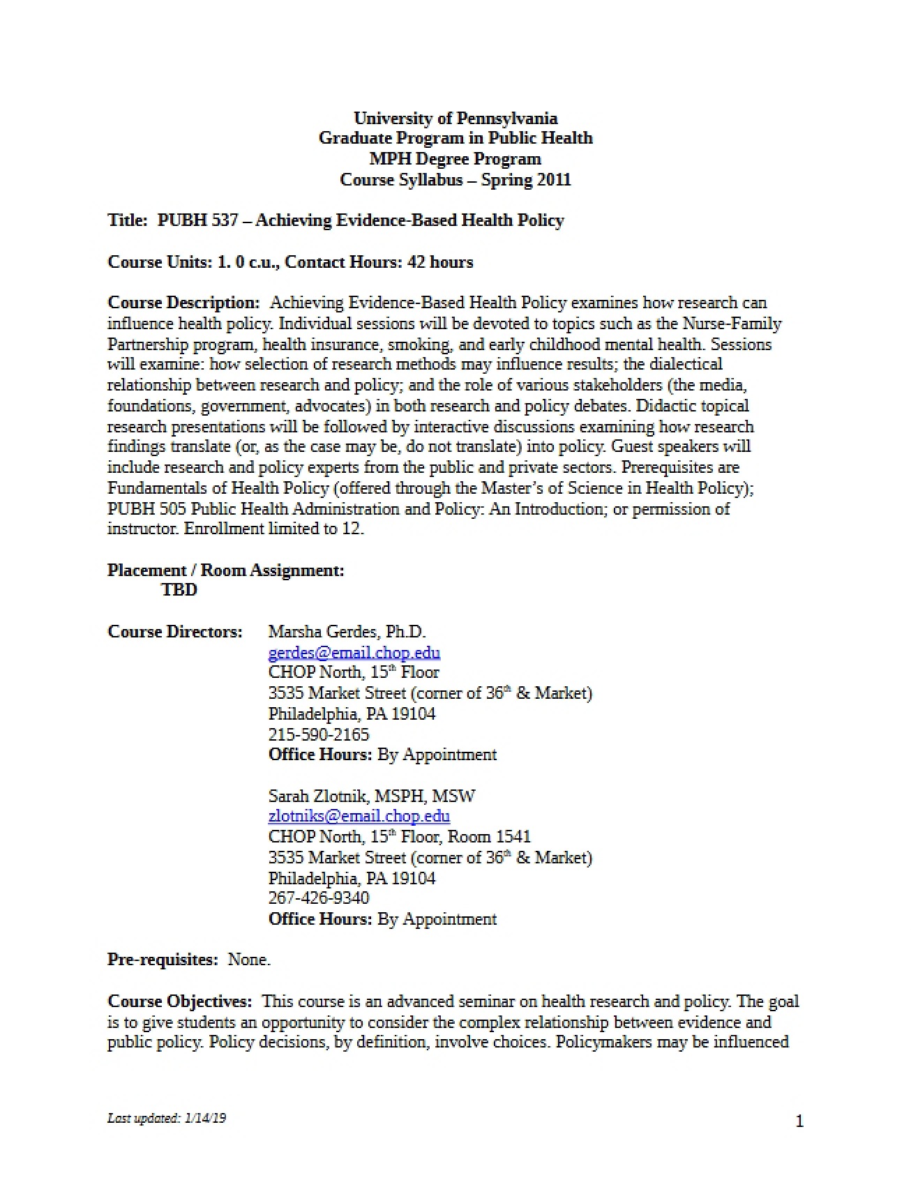 Evidence-Based Health Policy Syllabus