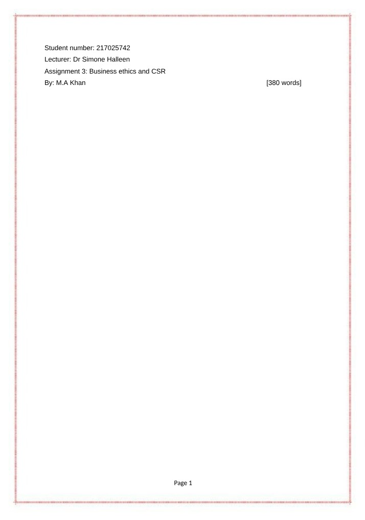Assignment 3 on Business Ethics and CSR