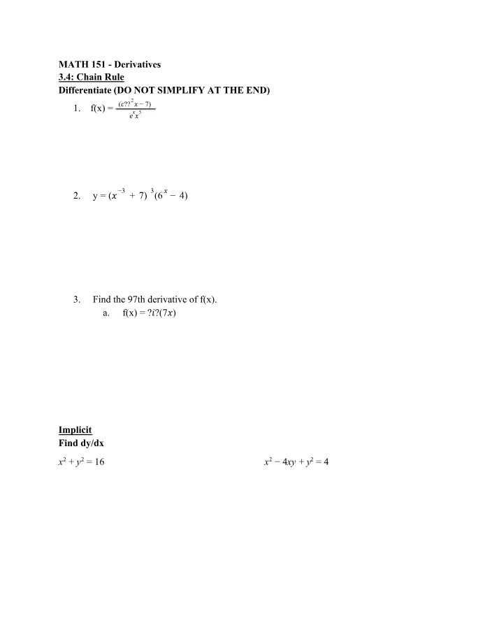 Derivatives Practice Problems for MATH 151