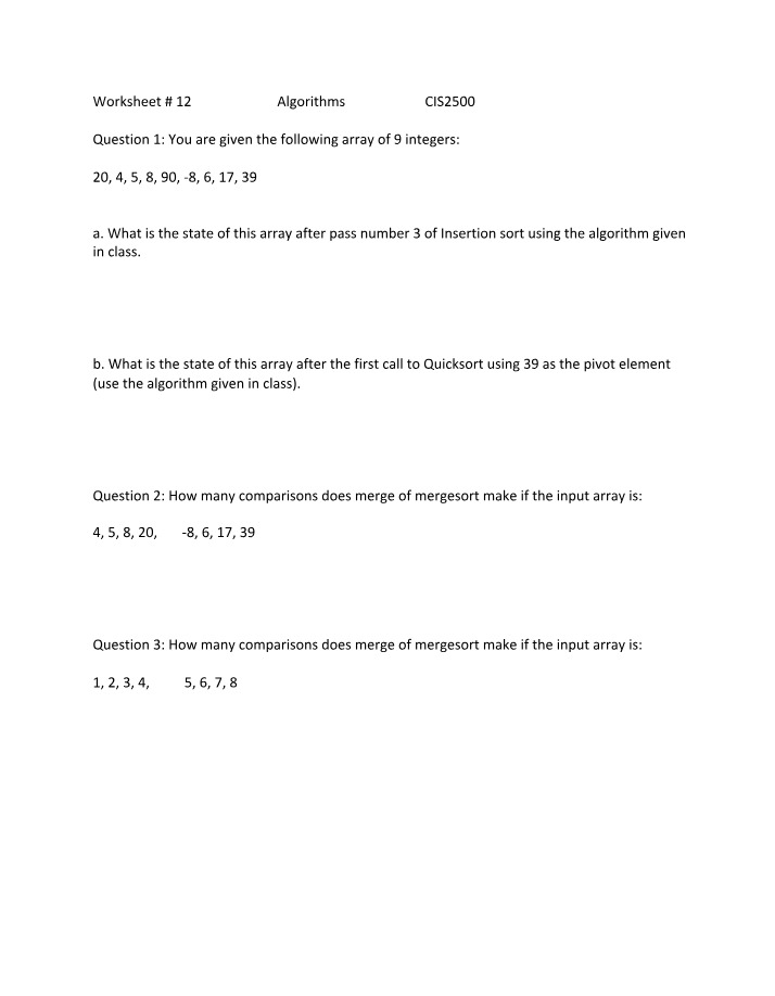 Worksheet 12 - Algorithms