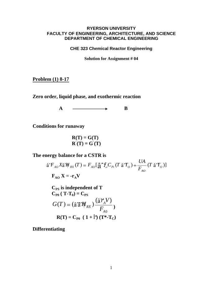 Zero Order, Liquid Phase, Exothermic Reaction Assignment Solution