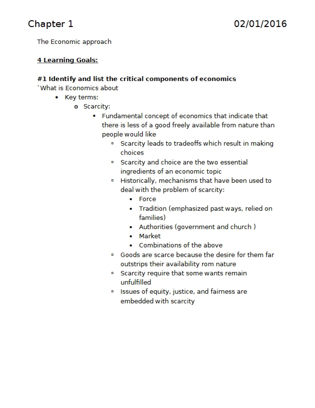 Outline of the First Chapter in Microeconomics
