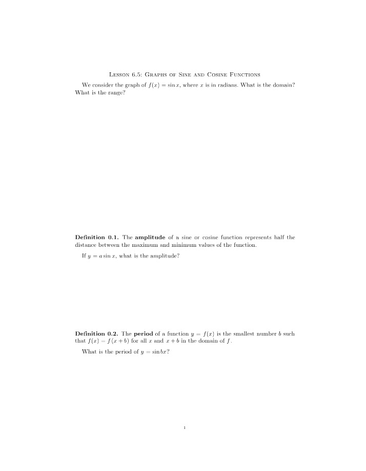 Graphs of Sine and Cosine Functions - Lesson 6.5
