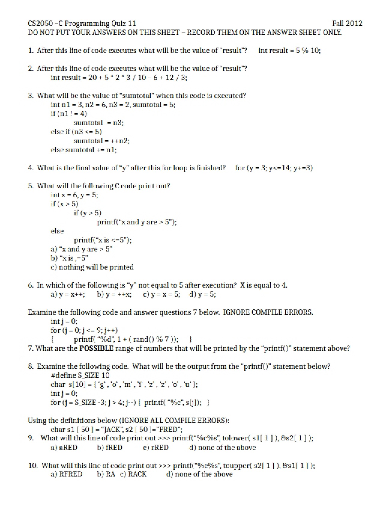 Quiz 11 A (CS2050)