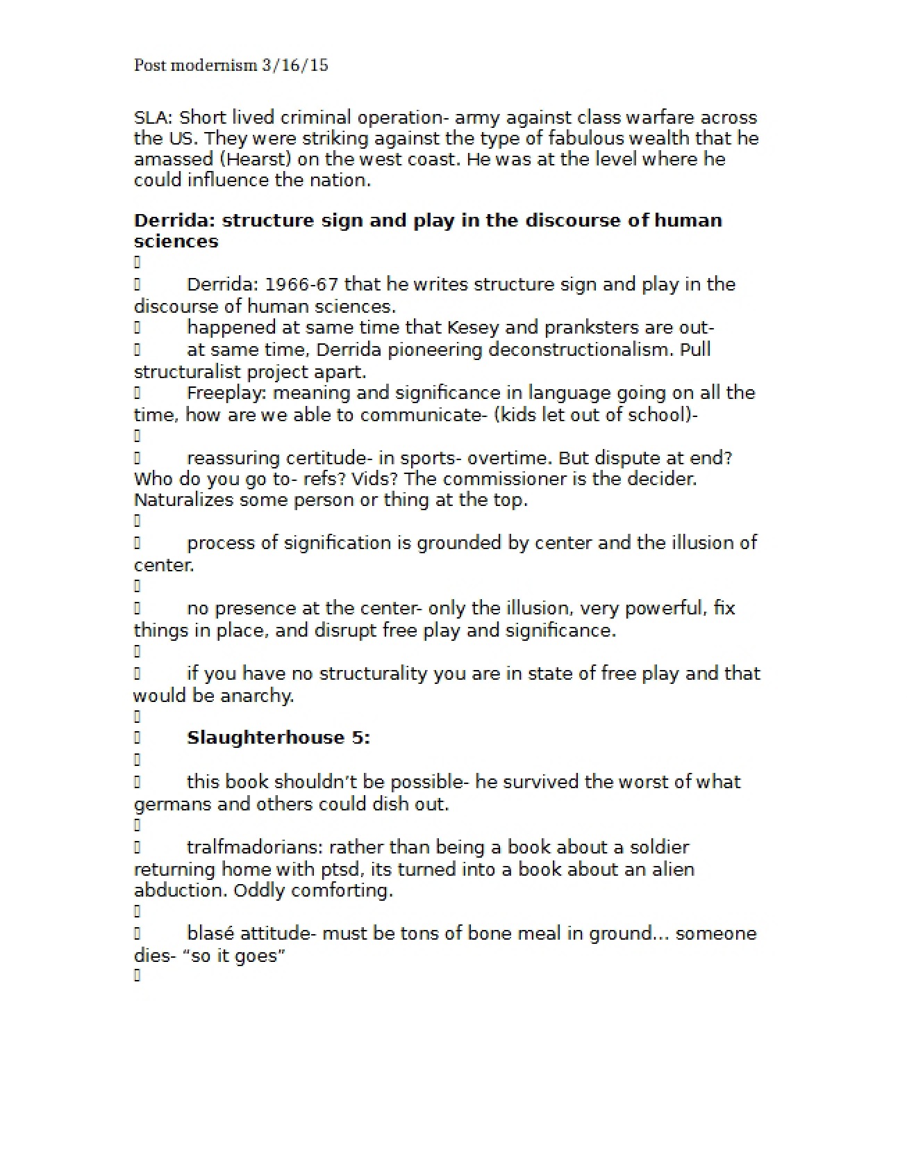 Postmodern Notes March 16, 2015