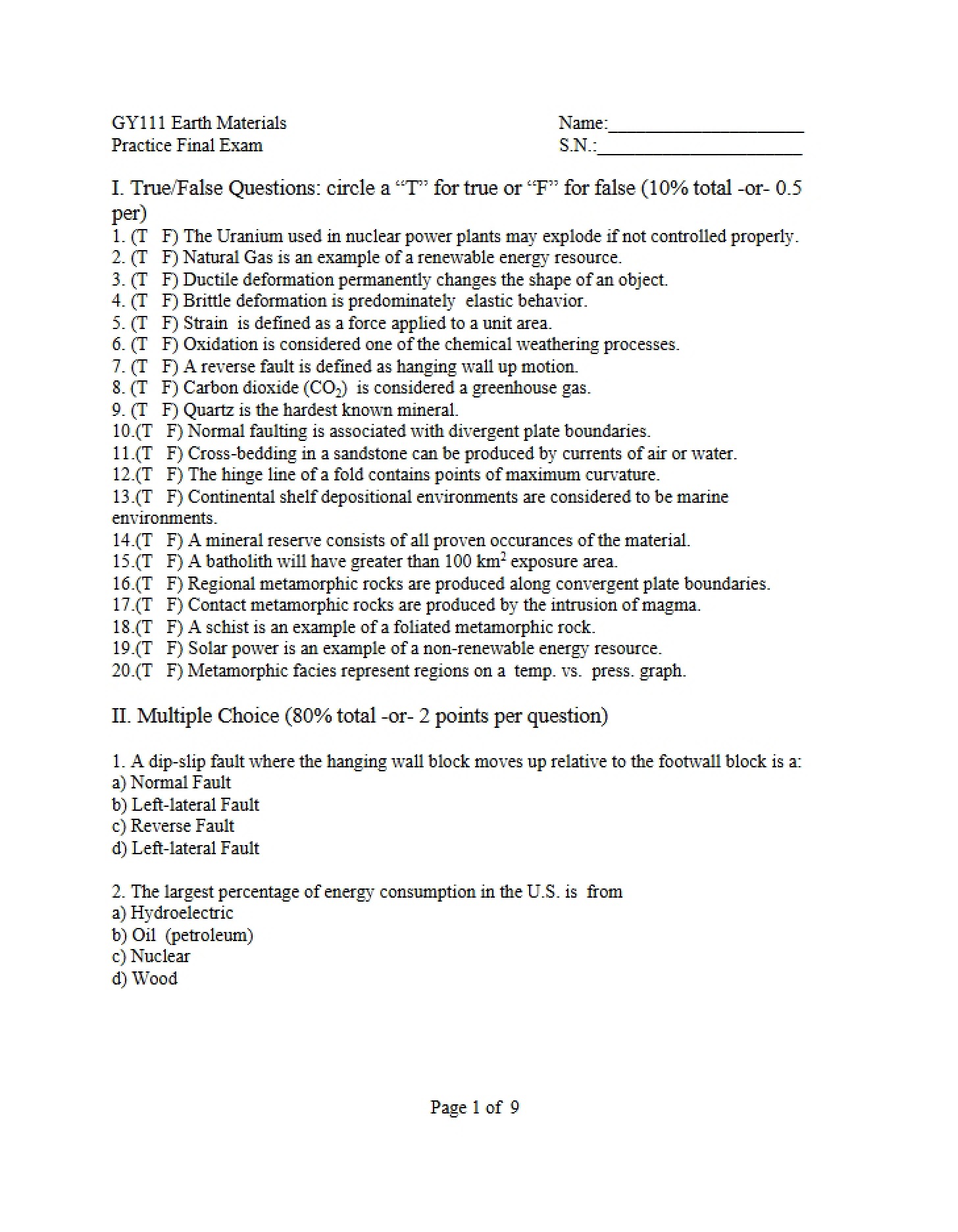 Sample Final Exam for GY 111