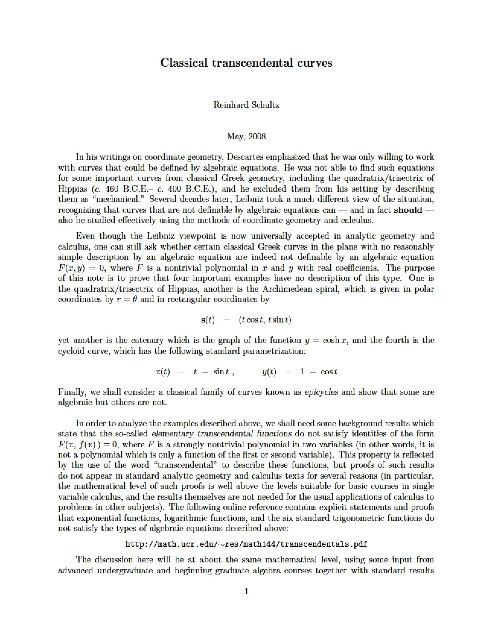 Transcendental Curves in Classical Math