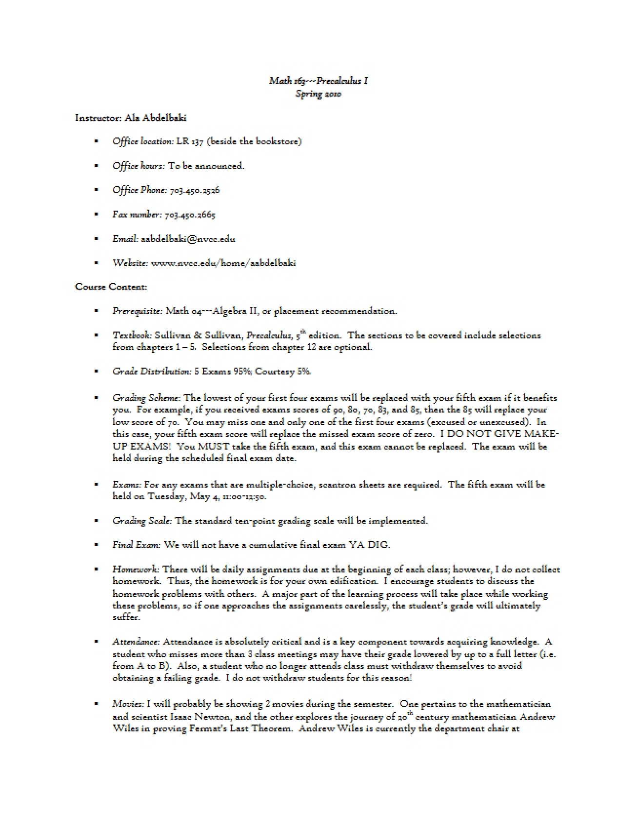 Course Syllabus Precalculus